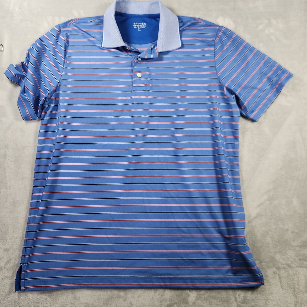 Brooks Brothers Shirt Men's Large Red White Blue Striped Polo Performance Golf